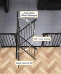 Extra Wide 29.7 to 57 Inch Walk Through Baby Gate for Stairs and Doorways showing swing and auto-close feature, black