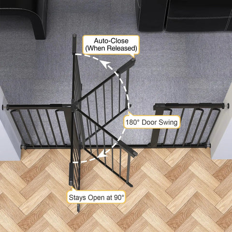 Extra Wide 29.7 to 57 Inch Walk Through Baby Gate for Stairs and Doorways showing swing and auto-close feature, black