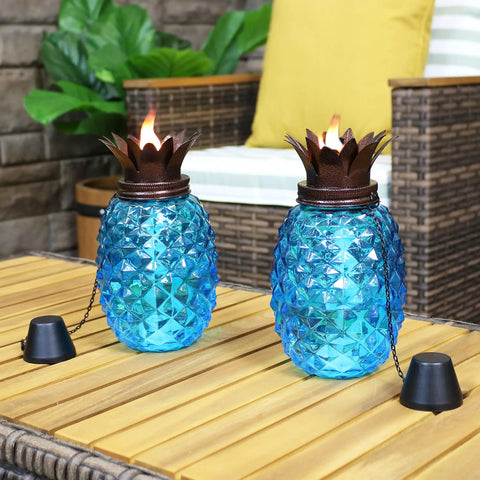 Tropical Pineapple Glass Patio Torch Set Of 2 For Outdoor Lawn Garden Deck And Backyard Lighting 63 Inch Tall Pineapple Vessel