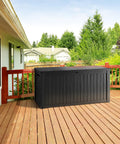 200 Gallon Waterproof Outdoor Storage Box Built Tough Resin Deck Box With Lockable Lid on a wooden patio