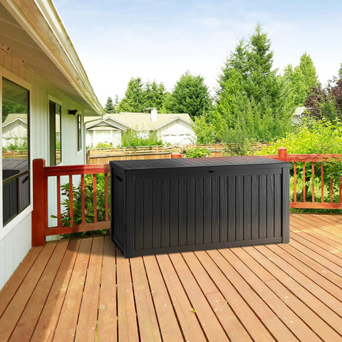 200 Gallon Waterproof Outdoor Storage Box Built Tough Resin Deck Box With Lockable Lid on a wooden patio