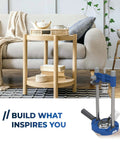 Living room with a sofa and side table beside Portable Drill Guide Pro For Precise Angle Drilling A Self Centering Jig With Built In Dust Collection Adapter That Delivers Consistent Holes And Easy Setup For Cordless Drills No Fuss KDG6500 in blue.