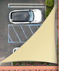 Beige Right Triangle Shade Sail Canopy For Patio Outdoor Space 18 Feet By 18 Feet By 25.5 Feet UPF50 Plus UV Blockage installed