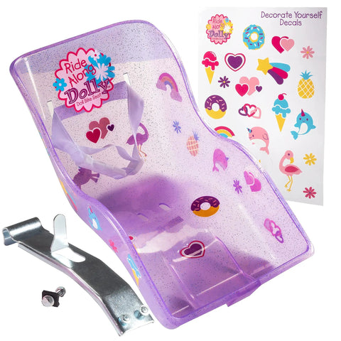 Glitter Purple Doll Bike Seat Accessory For 18 To 22 Inch Dolls And Stuffed Bears, Universal Crossbar Mount with DIY Decals