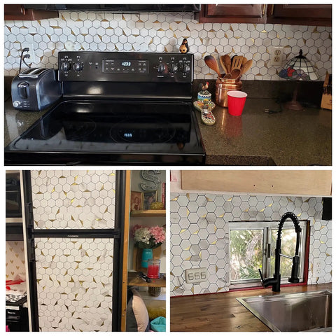 Hexagon Peel and Stick Metal Backsplash Tiles Kit, 12x12 Aluminum Mosaic, 10 Self Adhesive Sheets Covering 9 Sq Ft, Golden Finish in kitchen