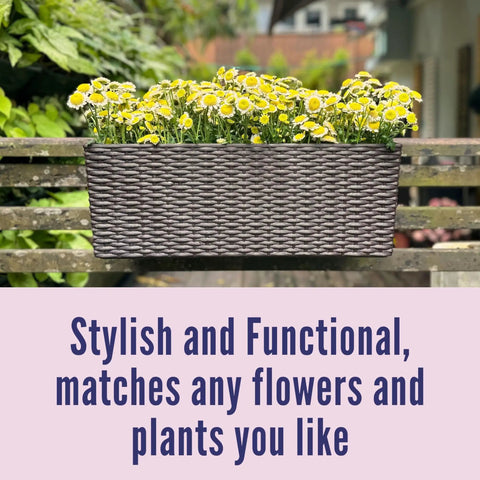 Outdoor Rail Planter For Balcony 20 Inch Two Pack With Rattan Pattern Design Drainage Holes And Brackets For Easy Hanging