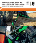 Beefy Retractable Ratchet Tie-Down Straps With 5,000 Lbs Breaking Strength securing ATV on trailer, close-up of S-hooks