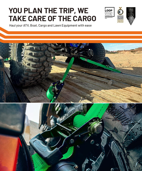 Beefy Retractable Ratchet Tie-Down Straps With 5,000 Lbs Breaking Strength securing ATV on trailer, close-up of S-hooks