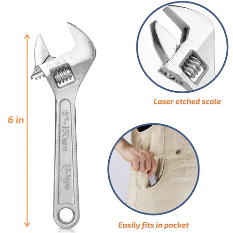 Six Inch Adjustable Wrench With Hex Jaw Opens To Three Quarter Inch SAE And Metric Sizes Etched For Quick Fastener Identification Built Tough From Heat Treated Carbon Steel Durable And Rust Resistant Precision Slide Jaw And Worm Gear.