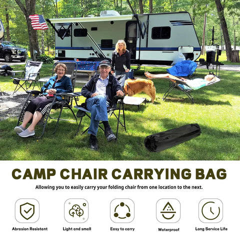 Tough Folding Chair Carry Bag showing its durability and easy transport at a campsite with chairs and camper trailer.