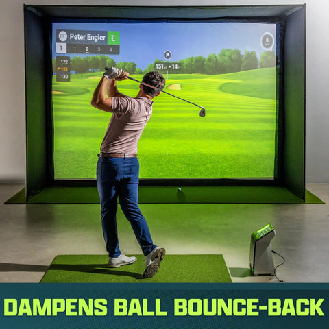 Golfer using Indoor Golf Simulator Turf 10 X 6 Ft 15mm Elite Pro Grade Golf Turf For Home Setups for realistic practice indoors