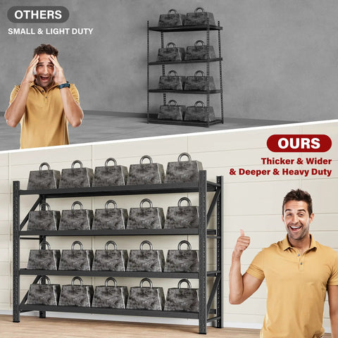 Comparison between small shelf and 71.3 Inch Heavy Duty Garage Shelving Units With 24 Inch Deep Shelves 5000 Lbs Capacity Steel Storage Racks For Shop Warehouse Basement Industrial Grade Metal Shelves Wide Uprights And Beams For Ultra Sturdy Organization with smiling man.