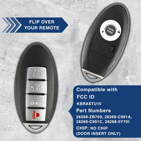 Replacement Key Fob for Nissan 350Z Altima Armada Maxima Quest Sentra and Infiniti G35 Q45 QX56 EX35 FX35 FX45 OEM KBRASTU15 CWTWB1U758 Requires Original Key Fob and Standard Ignition to Program, showing front and back views with FCC ID.