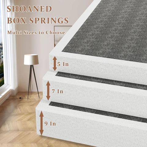 Full Size Box Spring And Mattress Foundation 5 Inch Low Profile Heavy Duty Metal Bed Base in a bedroom setting.