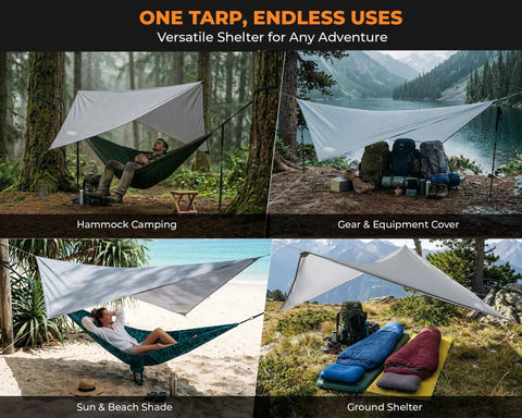 Lightweight Hammock Rain Fly Waterproof Shelter for Camping and Backpacking covering hammock and gear with mountains in background.