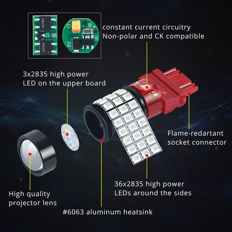 Diagram of Red 3156 3157 LED Turn Signal Bulbs For T25 Set Of 2 with labeled features and 39 2835 SMD chips.