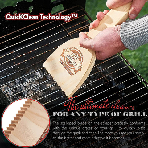 Wood Grill Scraper With QuickClean Tech Bristle Free BBQ Brush Alternative used on grill grates for safe grillin and easy clean up