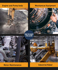VG290 green penetrating thread locker and fixative; collage of four industrial machinery scenes with army-grade badge.
