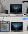 Before and after desk setup with 5 Tray Letter Paper Organizer With Handle Mesh Desk File Sorter for office or home use