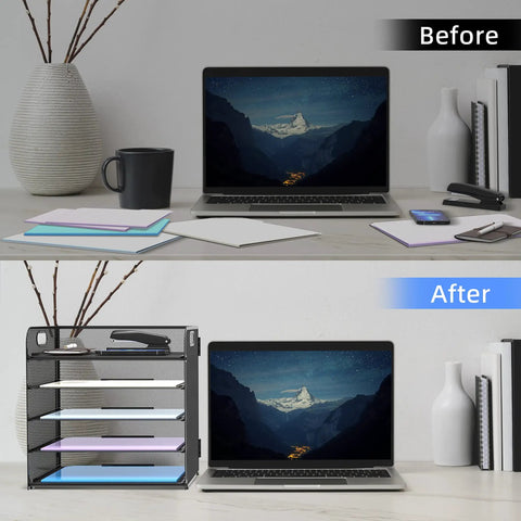 Before and after desk setup with 5 Tray Letter Paper Organizer With Handle Mesh Desk File Sorter for office or home use