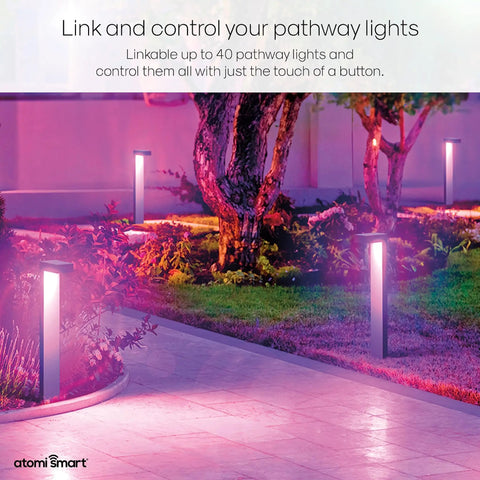 Smart WiFi Pathway Lights Two Pack Extension Kit illuminating outdoor path in garden, 800 Lumen Tunable Dimmable LED Dope Landscape Lighting.