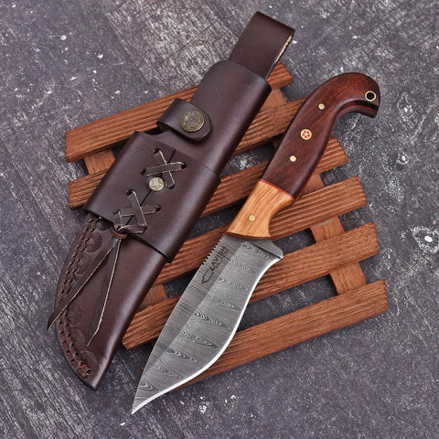 Custom Handmade Damascus Fixed Blade Knife 10 Inch With Rosewood And Olive Wood Handle and Black Leather Sheath