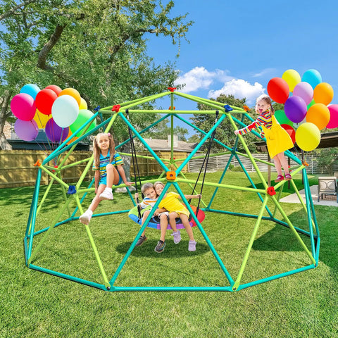 Climbing Dome Swing Set With Saucer Swing For Kids Outdoor Backyard Playground 800 Pound Capacity with children playing