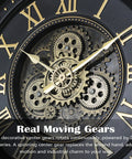 Close-up of 24 Inch Moving Gear Wall Clock Oversized Industrial Steampunk Decor With Big Numerals Carbon Black Finish showing intricate gears.