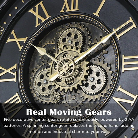 Close-up of 24 Inch Moving Gear Wall Clock Oversized Industrial Steampunk Decor With Big Numerals Carbon Black Finish showing intricate gears.