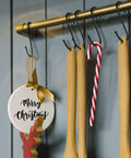 30 Pack Heavy Duty Black S Hooks 3.5 Inch Large S Shaped Metal Hanging Hooks For Kitchen Utensils Pots Pans Towels Bags Jeans Plants And More Carbon Steel Durable Organization Gear used for hanging kitchen utensils and Christmas ornament on a rail.