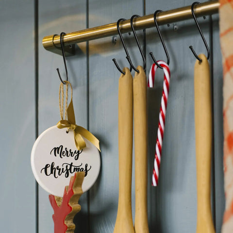 30 Pack Heavy Duty Black S Hooks 3.5 Inch Large S Shaped Metal Hanging Hooks For Kitchen Utensils Pots Pans Towels Bags Jeans Plants And More Carbon Steel Durable Organization Gear used for hanging kitchen utensils and Christmas ornament on a rail.