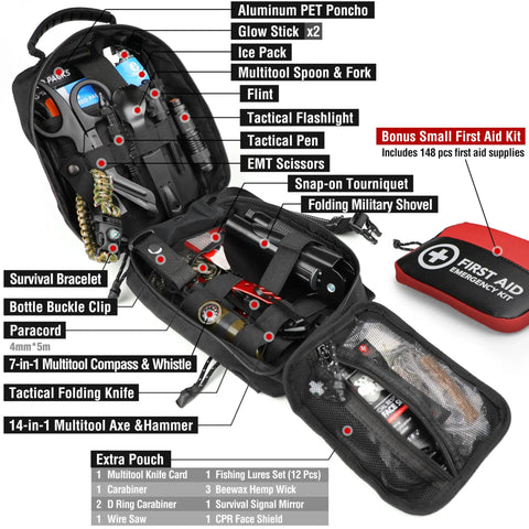Open 190 Piece Survival Gear And Medical Kit For Outdoor Adventures Camping Hiking And Vehicle Ready Emergency EMT IFAK MOLLE Pouch showing contents