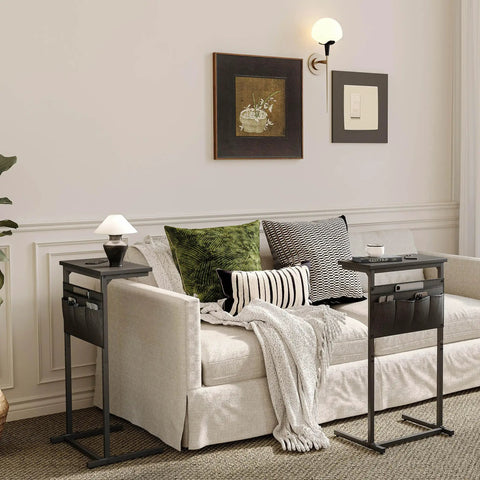 C Shaped End Table For Small Spaces With Storage Bag, Space Saving Couch Side Table For Sofa, Black LET501B in living room