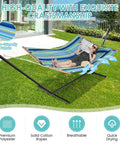 10.5Ft Double Hammock With Curved Spreader Bars For Two People, Heavy Duty Outdoor Hammock With Detachable Pillow, Blue Green Color For Porch Patio And Outside, Stand Not Included, Hangout Ready