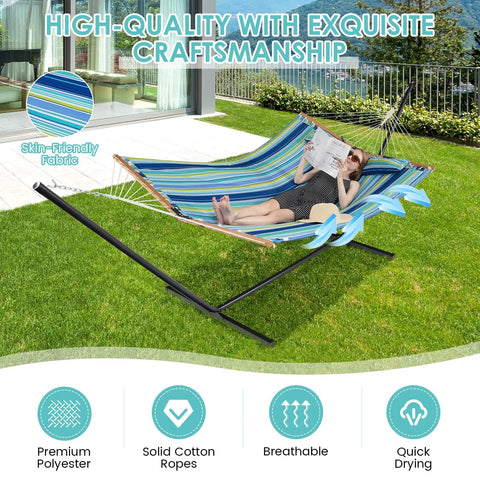 10.5Ft Double Hammock With Curved Spreader Bars For Two People, Heavy Duty Outdoor Hammock With Detachable Pillow, Blue Green Color For Porch Patio And Outside, Stand Not Included, Hangout Ready