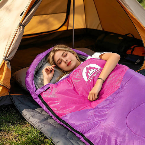 Person sleeping in Purple Three Season Sleeping Bag For All Weather Kids Teens And Adults Waterproof Lightweight Outdoor Gear