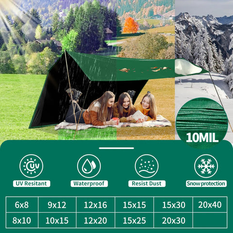 Heavy Duty 15x15 Ft Waterproof Tarp With Durable Reinforced Edges And Grommets, UV Resistant 10 Mil Thick, Green And Black