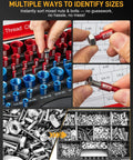 66-piece nut and bolt thread checker kit: blue 34 SAE gauges and red 32 metric gauges with nuts, bolts, and storage case.