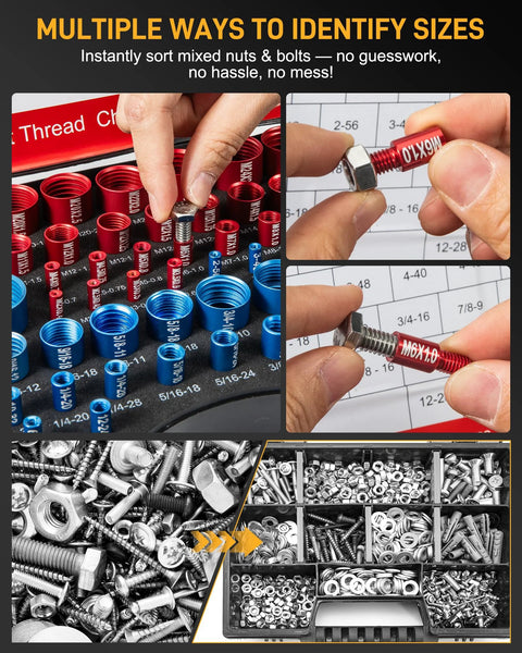 66-piece nut and bolt thread checker kit: blue 34 SAE gauges and red 32 metric gauges with nuts, bolts, and storage case.