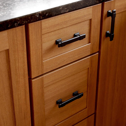 Matte Black Adjustable Drawer Pulls 5 Pack Fits 1-3/8 To 4 Inch Hole Centers Ideal For Kitchen Cabinets Dressers And Furniture Durable Metal Hardware With Fade And Scratch Resistant Finish Quick Weekend Update installed on wood cabinets