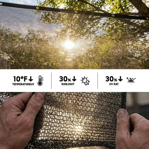 30 Percent Shade Cloth For Greenhouses And Gardens 8 Foot By 12 Foot Heavy Duty HDPE Tarp With Grommets Sun Shade Netting shown with sunlight filtering through.
