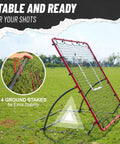 Heavy Duty Baseball Rebounder Net Four By Four Point Five Feet Pitchback With Three Adjustable Angles For Baseball And Softball Training Pro Grade Weather Resistant Steel Frame UV Resistant PE Net Ground Ball Fly Ball Return Fielding Trainer Red set up on grass with stakes.