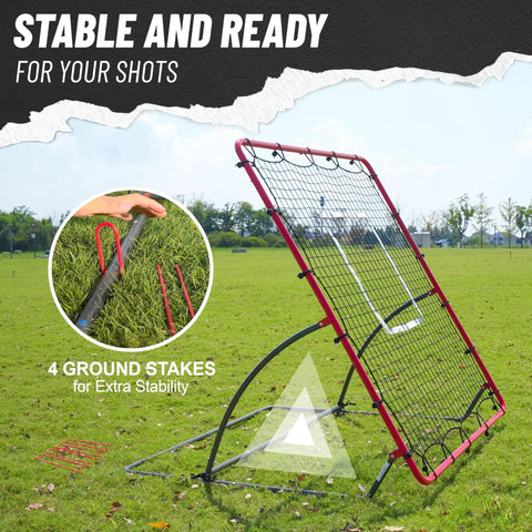Heavy Duty Baseball Rebounder Net Four By Four Point Five Feet Pitchback With Three Adjustable Angles For Baseball And Softball Training Pro Grade Weather Resistant Steel Frame UV Resistant PE Net Ground Ball Fly Ball Return Fielding Trainer Red set up on grass with stakes.