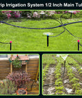 50 Feet 1/2 Inch Drip Irrigation Tubing Main Line Hose For Garden Watering System in use, showing connection and watering