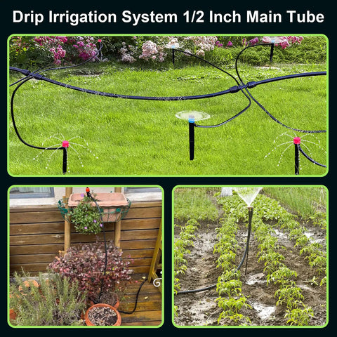 50 Feet 1/2 Inch Drip Irrigation Tubing Main Line Hose For Garden Watering System in use, showing connection and watering