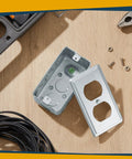 Open view of 8 Pack 4 By 2 Inch Electrical Junction Boxes with duplex cover, screws, and tools on wood surface