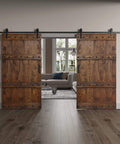 DIY Finished Knotty Pine Double Sliding Barn Door With Hardware Kit, 84x84 Inches, Dark Walnut, installed in living room