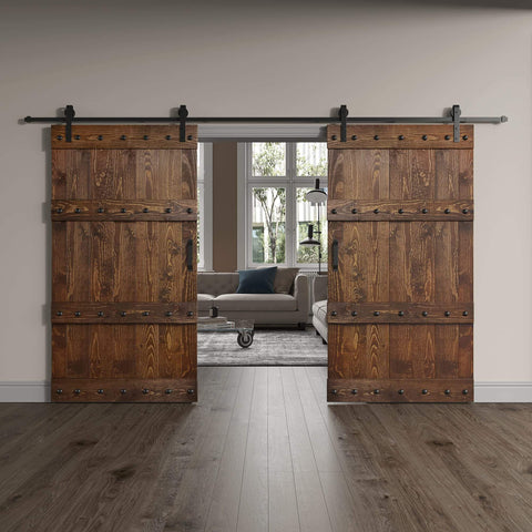 DIY Finished Knotty Pine Double Sliding Barn Door With Hardware Kit, 84x84 Inches, Dark Walnut, installed in living room