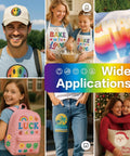 Collage showing applications of All In One Glitter Sublimation Vinyl And Printable Paper Pack on hats, aprons, bags, and more.
