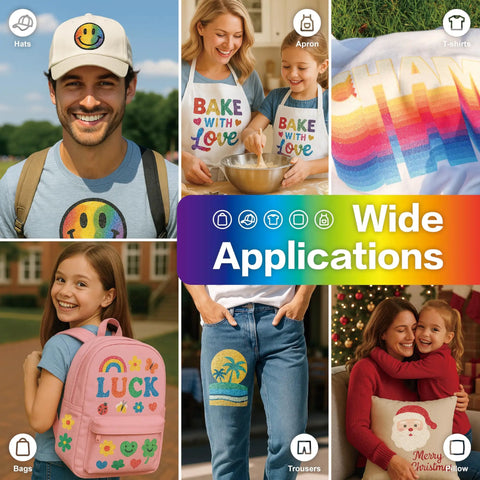 Collage showing applications of All In One Glitter Sublimation Vinyl And Printable Paper Pack on hats, aprons, bags, and more.